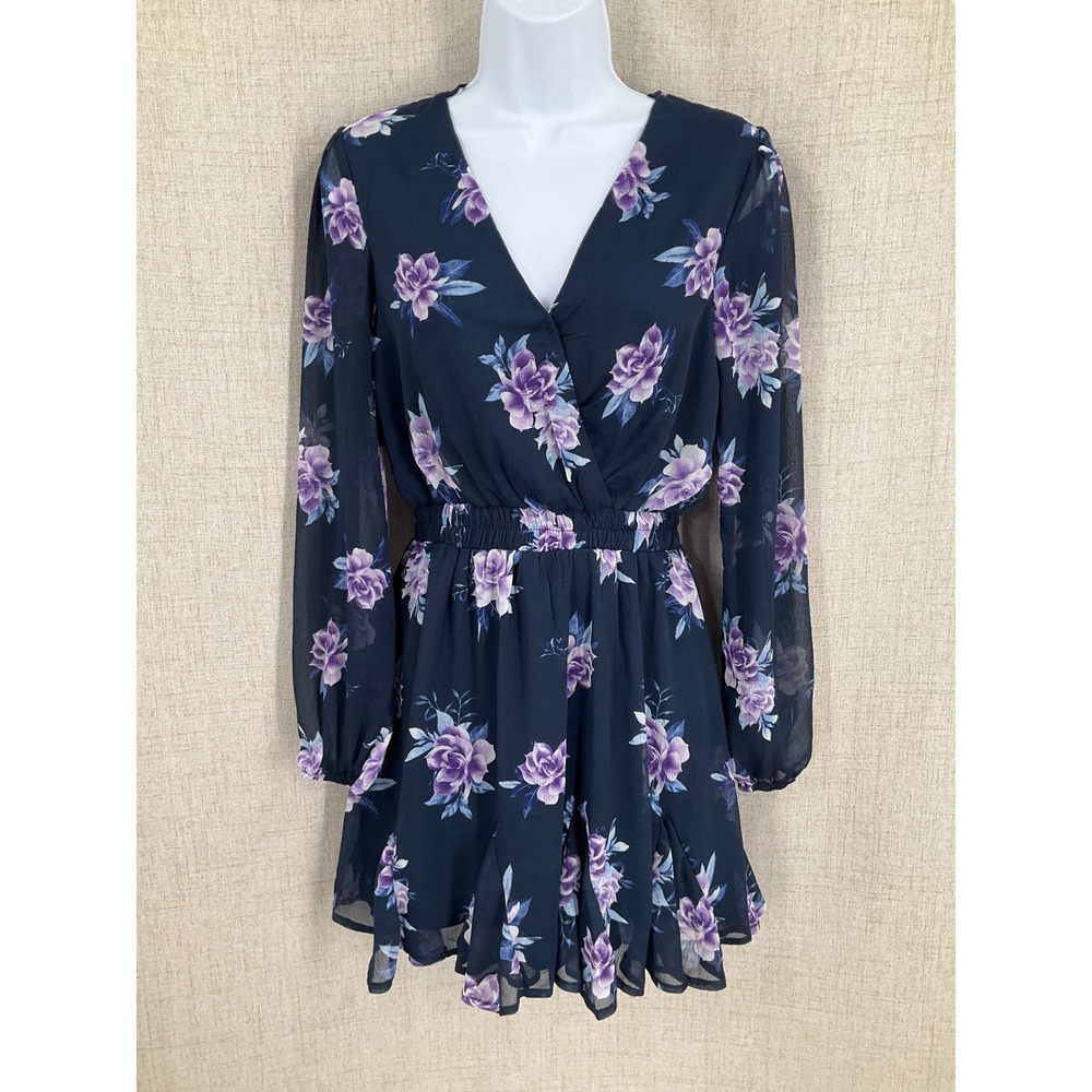 Francesca's Mi Ami Dress Womens Small Navy Purple Floral Chiffon Boho Romantic